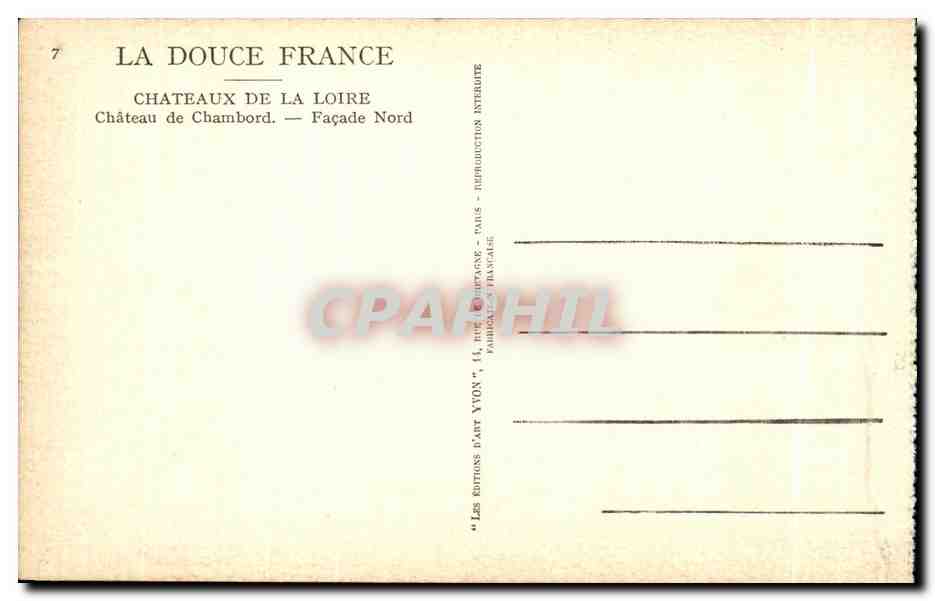 Château de Chambord — Façade Nord — Éditions d'Art Yvonn — Verso