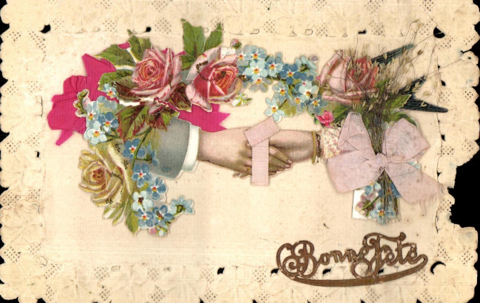 CPA Fantaisie Fleurs Bonne fete carte brodee