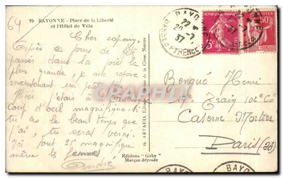 CPA Bayonne Place de la Liberte et I Hotel de Ville — Verso