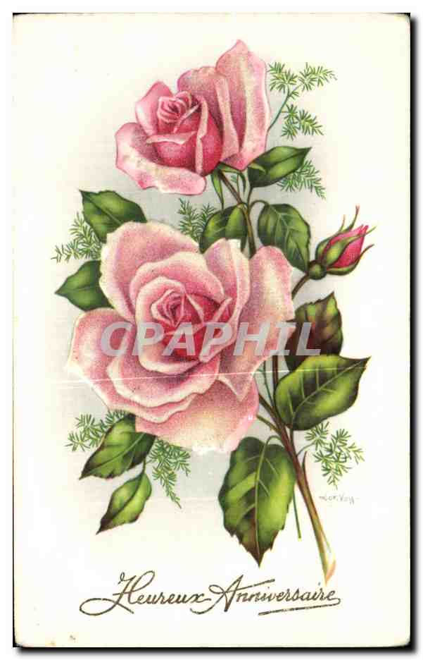 CPA Fantaisie Fleurs Rose Anniversaire