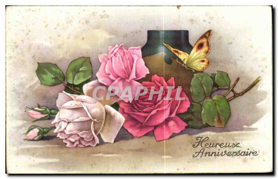 CPA Fantaisie Fleurs Rose Papillon Butterfly
