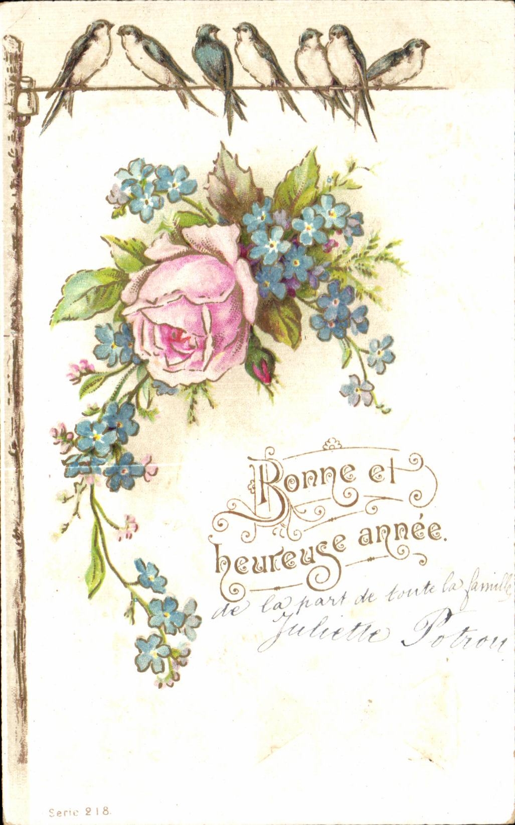 Oiseaux et rose — Bonne et heureuse année — Juliette Potron — Série 218
