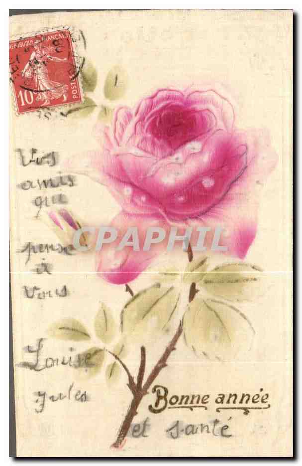 Antike Ansichtskarte Rose Blumen Fantasie Frohe Neujahr (Stoffdekor)