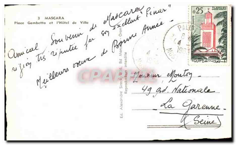 CPA Mascara Place Gambette et I Hotel de Ville — Verso
