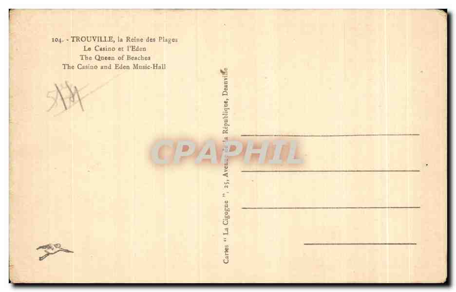 CPA Trouville la Reine des Plages La Casino et l Eden The Queenof Beaches The Casino and Eden Music Hall — Verso