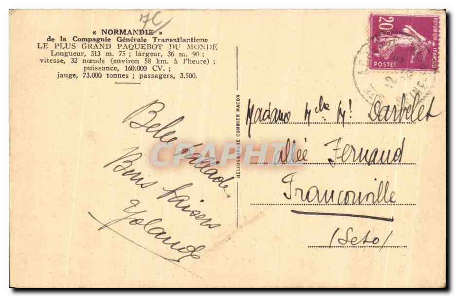 CPA Le Havre Ste Adresse Entree du grand Paquebot Normandie Vue prise de la Falaise — Rückseite