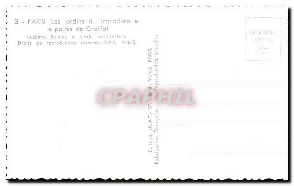 CPA Paris Les jardins du Trocadero et le palais de Chaillot — Rückseite