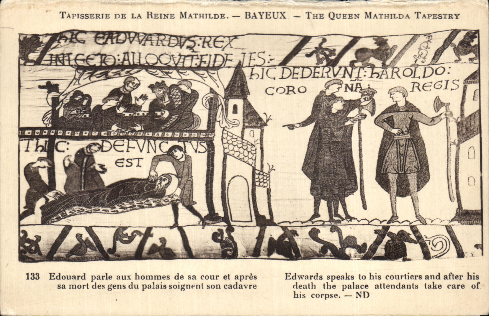 Tapisserie de la Reine Mathilde — Bayeux — The Queen Mathilda Tapestry — scène 133 : Edouard parle aux hommes de sa cour et après sa mort des gens du palais soignent son cadavre