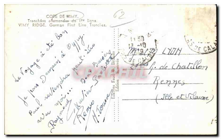 Tranchées allemandes de première ligne — Vimy Ridge — Éditions Fauel & Béthune, n°62 — Verso