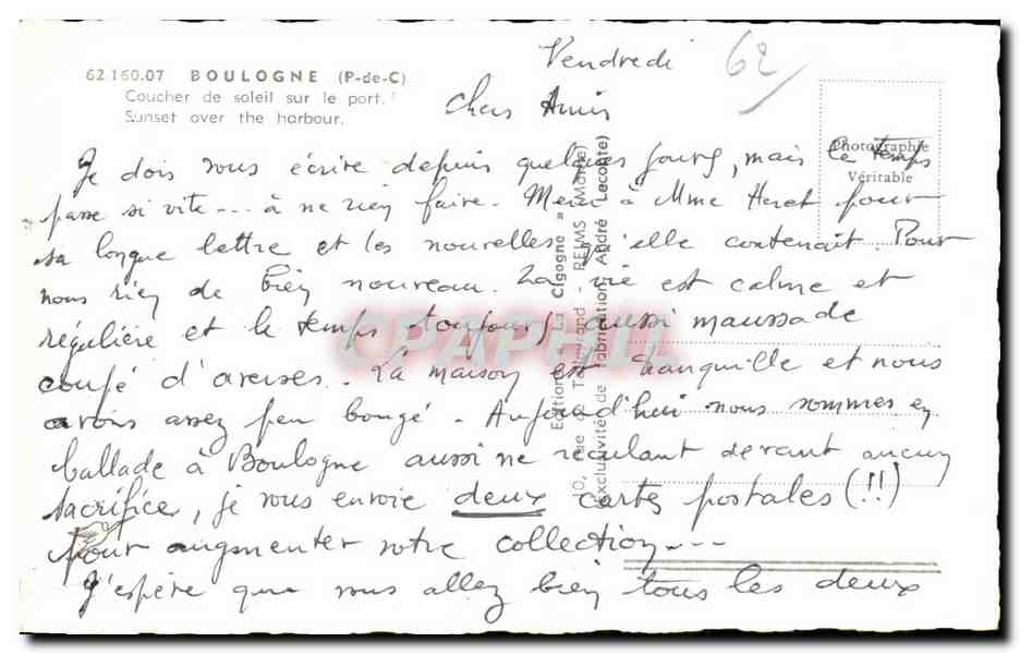 Coucher de soleil sur le port — Boulogne-sur-Mer — Éditeur La Cigogne, n° 62150.07 — Verso