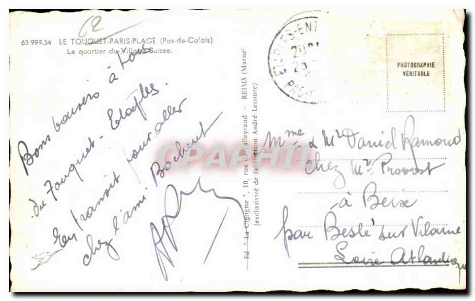 Le Touquet-Paris-Plage — quartier du Village Suisse — éd. La Cigogne n° 62 999.54 — Rückseite