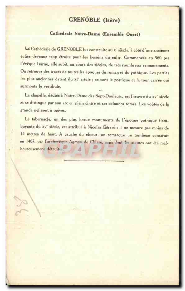 CPA Grenoble Chatedrale Notre Dame  — Verso