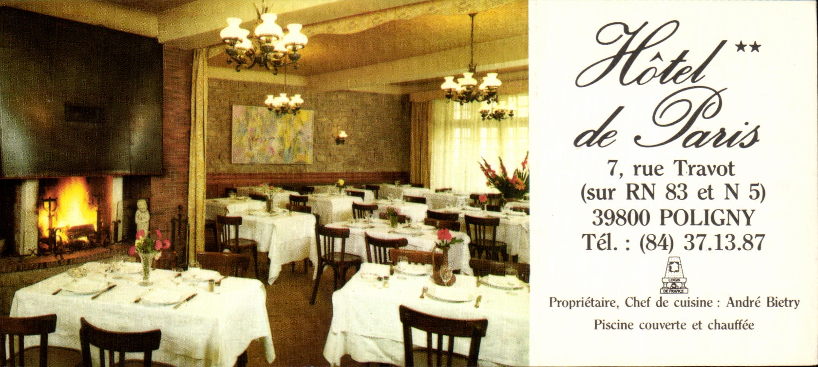 Carte de visite Hotel de Paris Rue Travot Poligny Jura Andre Bietry