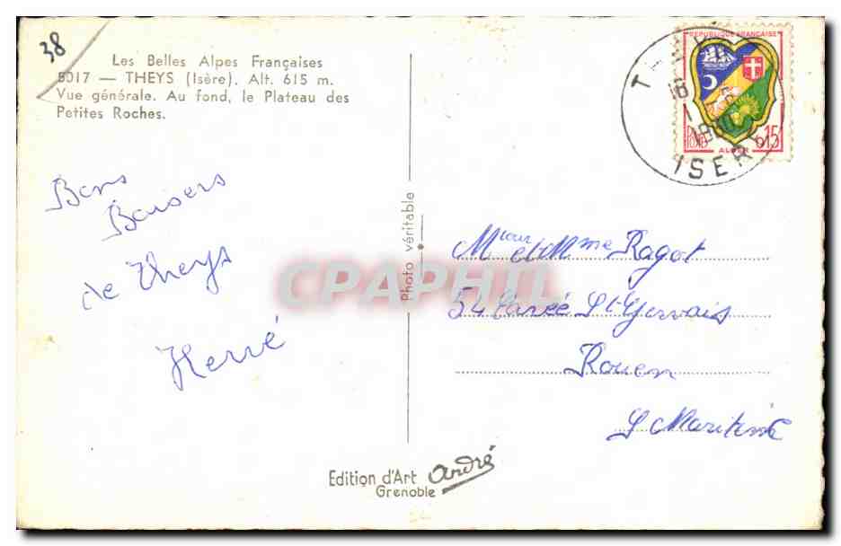 Les Belles Alpes Françaises — Vue générale de Theys (Isère), au fond le Plateau des Petites Roches — Edition d'Art André, Grenoble — Reverso