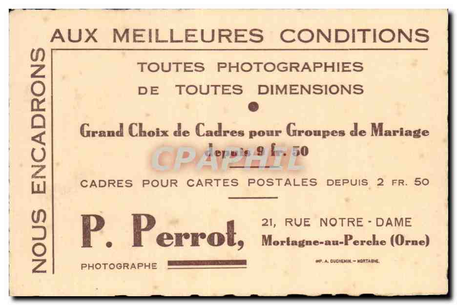 Carte de visite Perrot Rue Notre Dame Mortagne au Perche (Orne) Cadres pour groupes de mariage