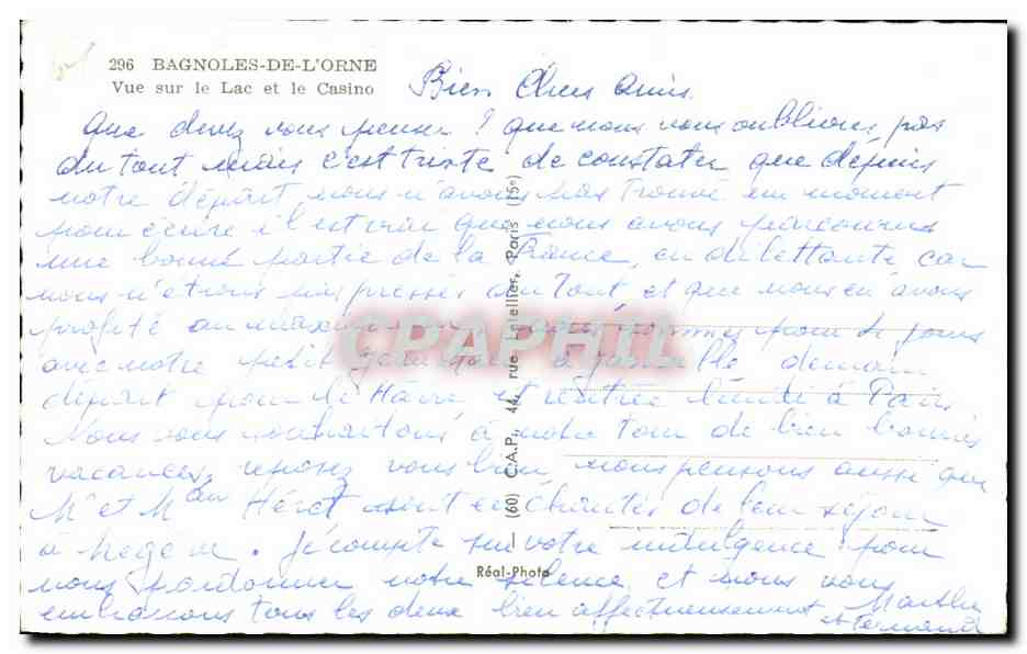 Bagnolles-de-l'Orne — Vista sul lago e sul casinò — C.A.P. n°236 — Verso