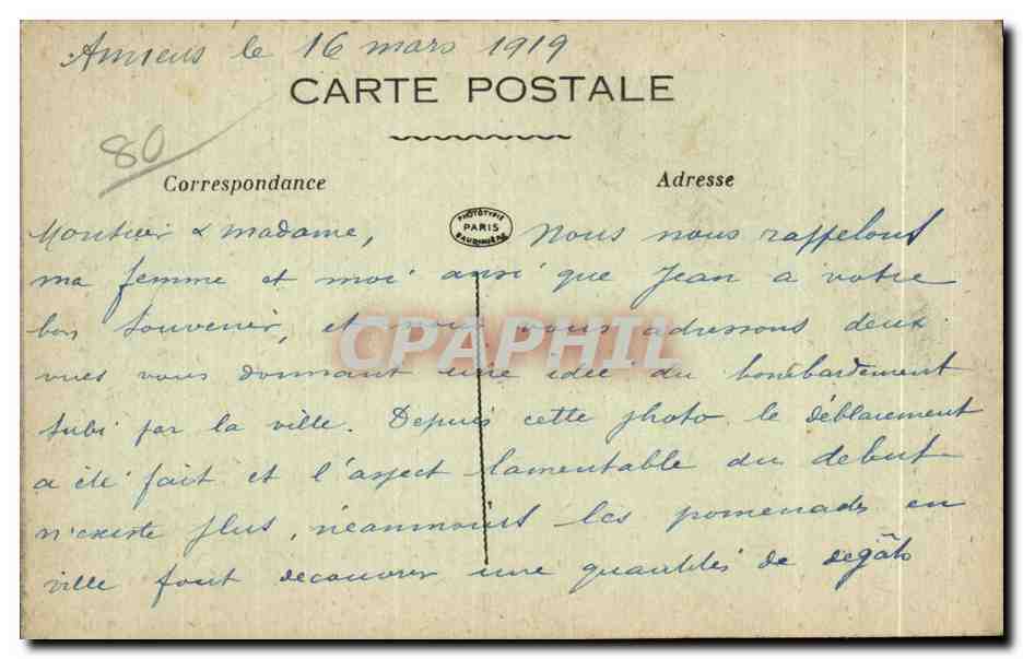 Bombardement d'AMIENS — La Rue Victor-Hugo — La Pensée, Paris, n°2128 — Rückseite