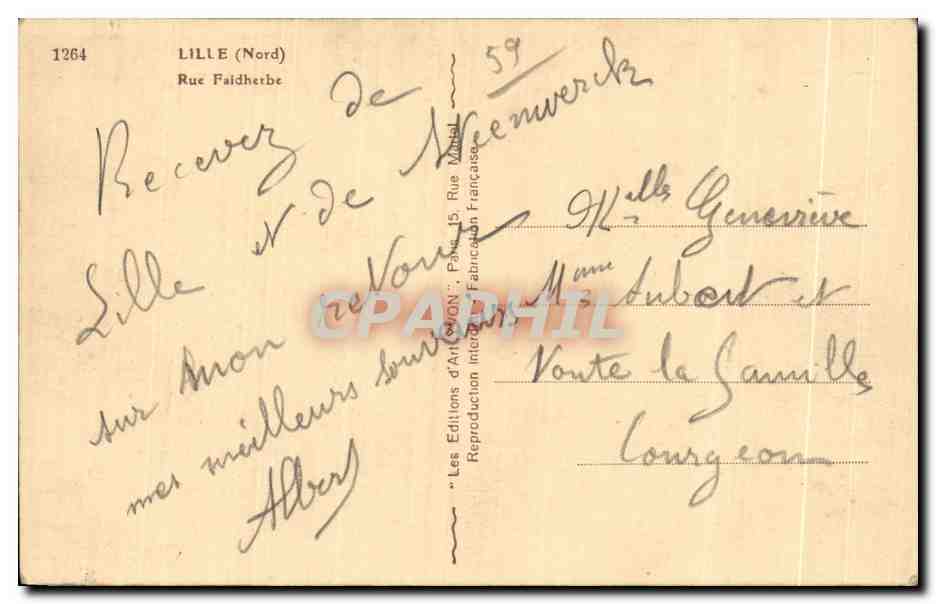 CPA Lille Nord Rue Faidherbe — Verso