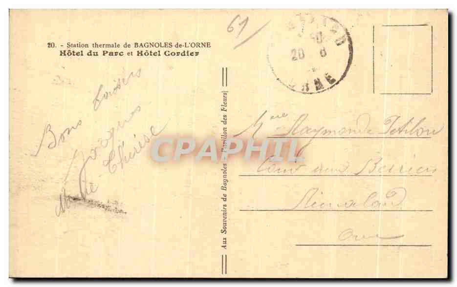 CPA Hotel du Parc et Hotel Cordier Bagnoles de l Orne  — Rückseite