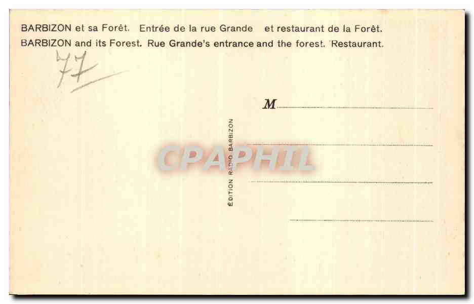 CPA Barbizon et sa Foret Entree de la rue Grande et restaurant de la Foret Barbizon and its Forest Rue Grande — Rückseite