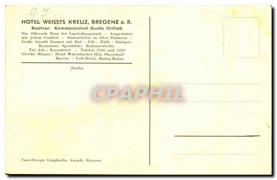 CPA Hotel Weisses Kreuz Bregenz Baden Baden  — Rückseite