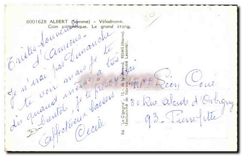 CPA Albert Velodrome Coin pittaresque Le grand etang Velo Cycle Cycling — Back