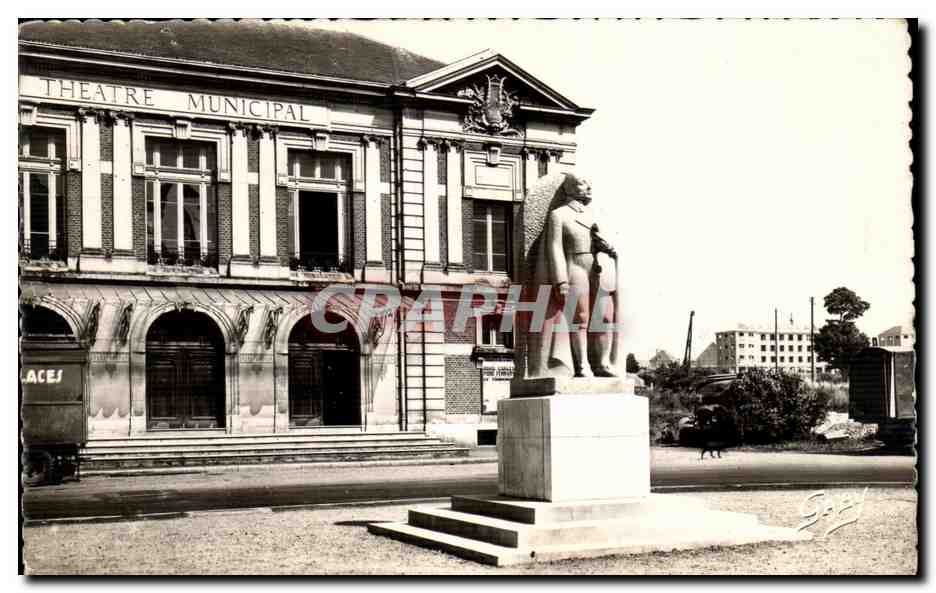 CPA Le Theatre Municipal et la Statue de Lesuer Abbeville