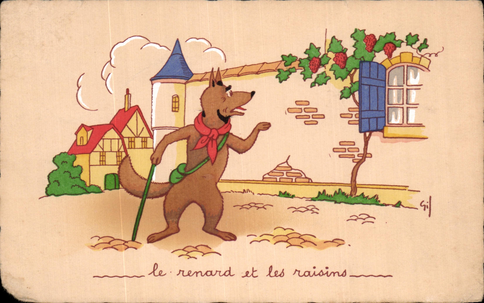 Le renard et les raisins — illustration de Gil — éditeur non visible