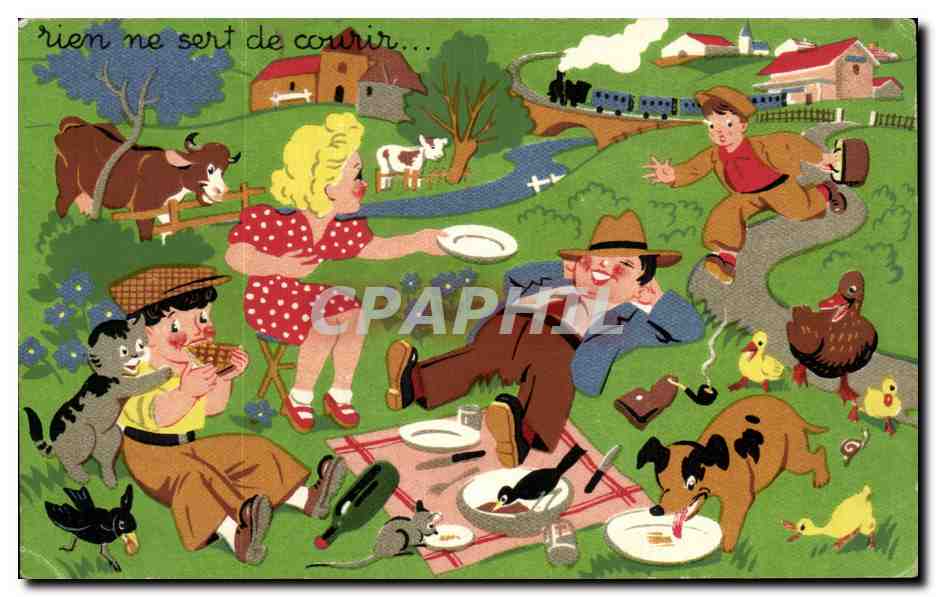 CPA rien ne sert de courir Dicton Chat Chein Vache Humour