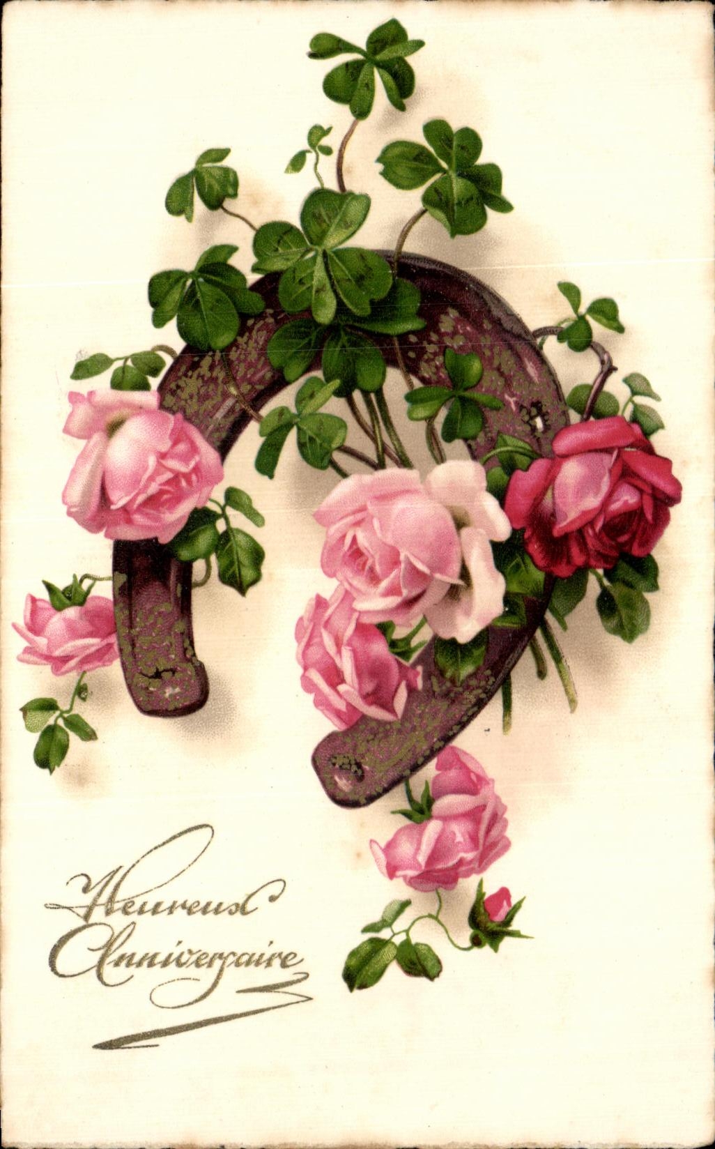 CPA Fantaisie Fleur Heureux Anniversaire Fer a cheval