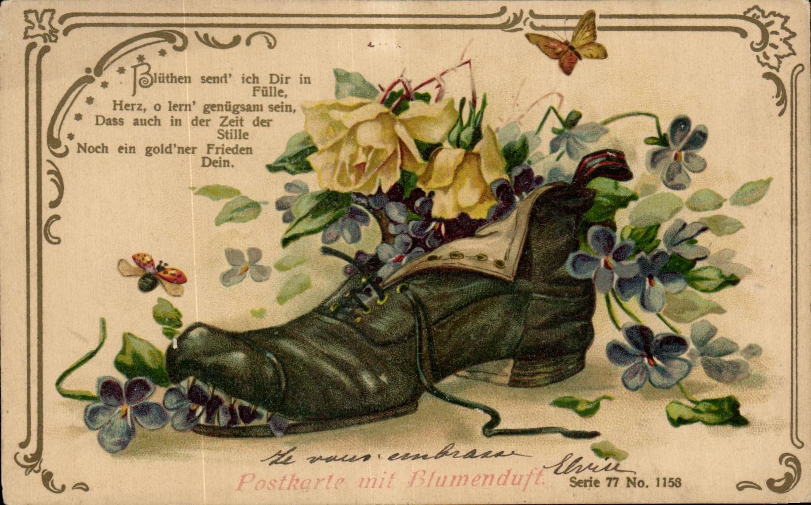 Chaussure remplie de fleurs — carte postale avec poème — Éditeur Elvire, série 77 n° 1158