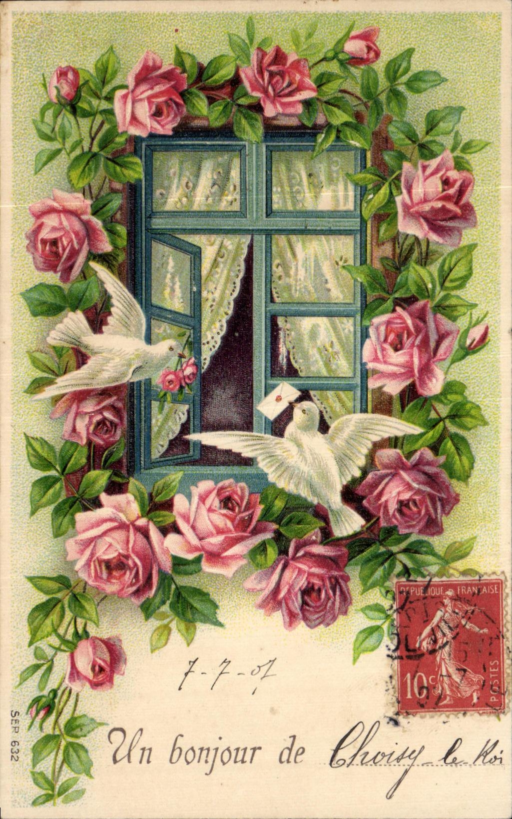 Dos palomas frente a una ventana — rosas — editor S.E.P. 632