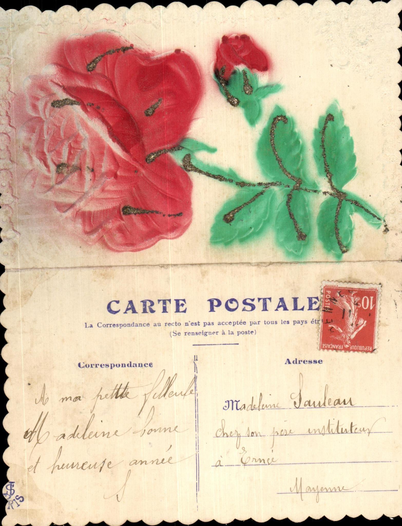 CPA Fantaisie Fleur carte brodee
