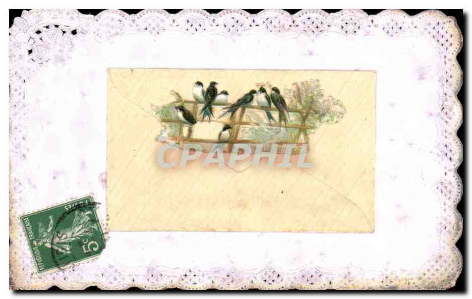 CPA Fantaisie Fleurs carte brodee Hirondelles 