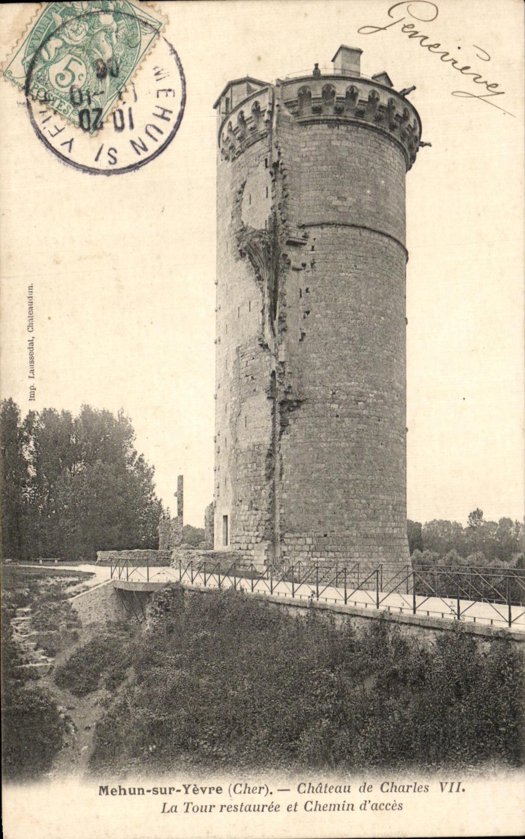 Mehun-sur-Yèvre (Cher) — Castello di Carlo VII. La Torre restaurata e il Sentiero d'accesso — Imp. Laussédat, Châteauneuf