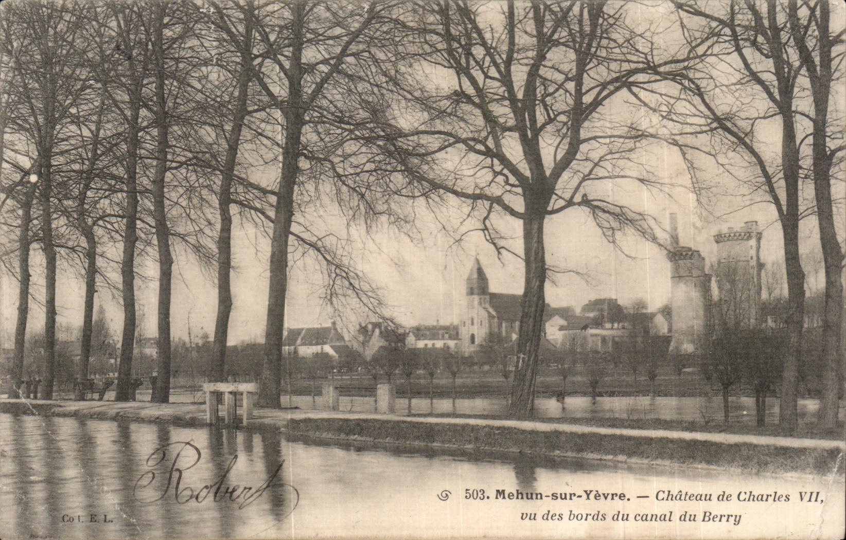 Tarjeta postal antigua Mehun-sur-Yevre — Castillo de Carlos VII visto desde las orillas del Canal del Berry