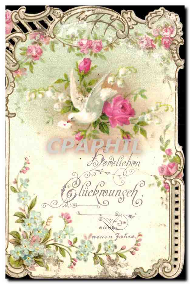 CPA Fantaisie Fleurs carte brodee Colombe 