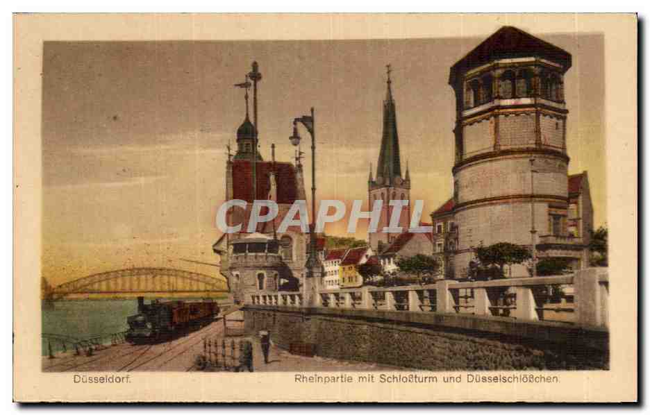 CPA Dusseldorf Rhenparthe mit Schlosturm und Dusselschoschen Train 