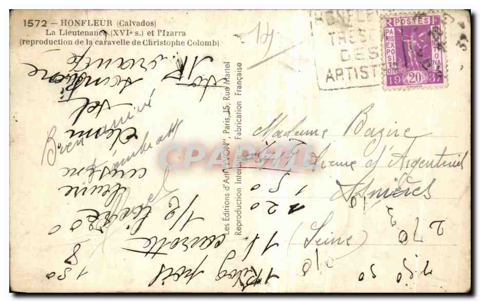 HONFLEUR (Calvados) — La Lieutenante (XVIe s.) et Pizarra (réproduction de la caravelle de Christophe Colomb) — Les Éditions d'Art 'N'N', Paris — Reverso
