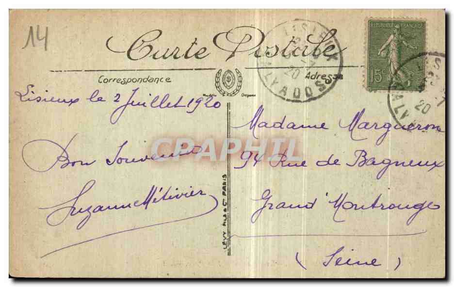 CPA Lisieux La Place Thiers La Cathedrale et la Poste L Ancien Palass Episeopal — Rückseite