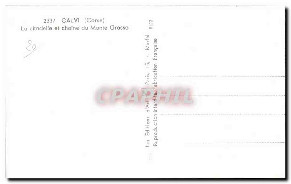 Calvi (Corse) — La citadelle et chaîne du Monte Grosso — Les Éditions d'Art, Paris — Verso