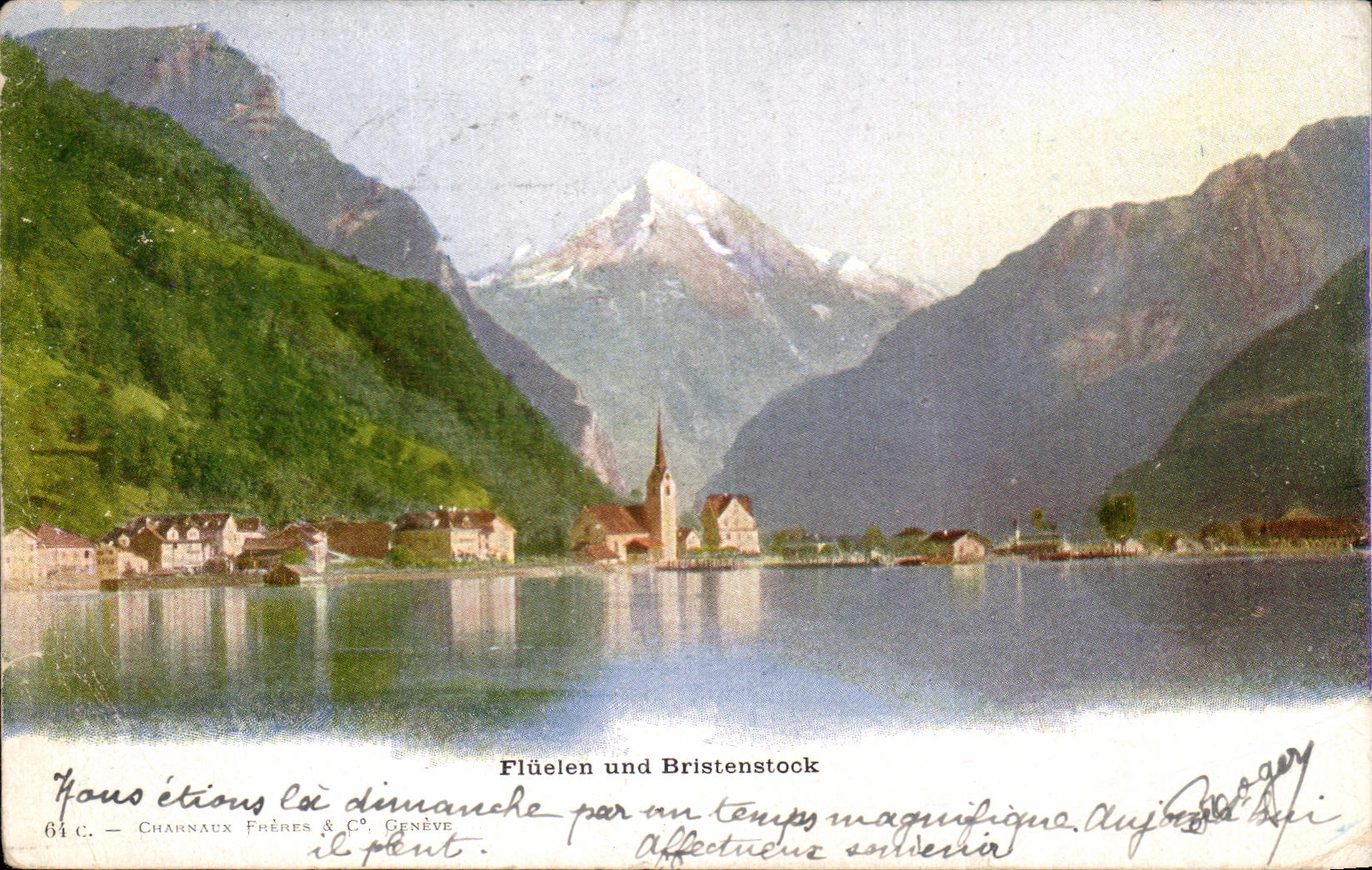 Flüelen und Bristenstock — Ansicht des Sees mit Kirche — Charnaux Frères & C°, Genf, n°61 C