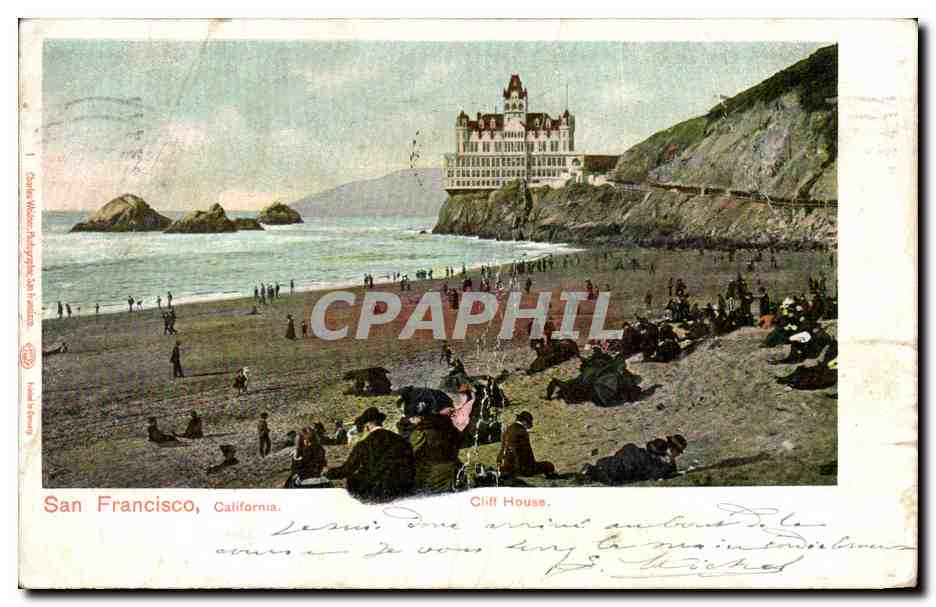 San Francisco, Californie — Vue de la plage et du Cliff House — éditeur Charles W. Moulton, n° de série non visible