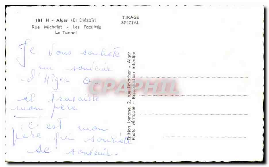 CPA Alger Rue Michelet Les Facultes Le Tunnel — Back