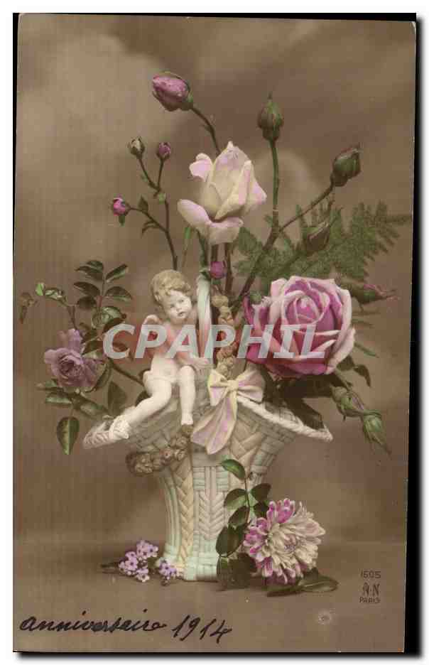 CPA Fantaisie Fleurs Anniversaire santons