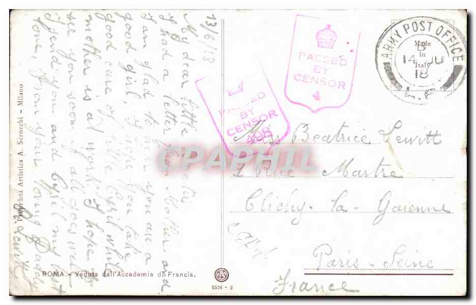 CPA Roma Veduta Pretres — Rückseite