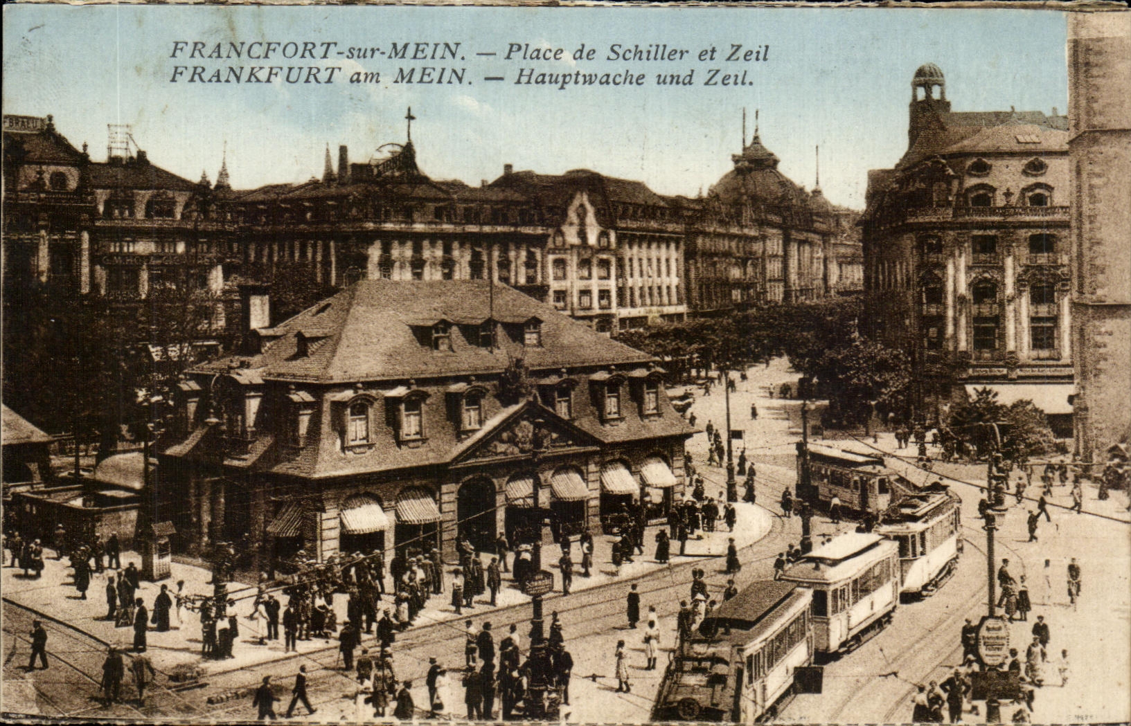 CPA Francfort sur mein place de Schiller et Zeil Tramways