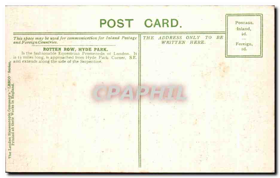 CPA London Rotten Row Cheval horse Hippisme — Back