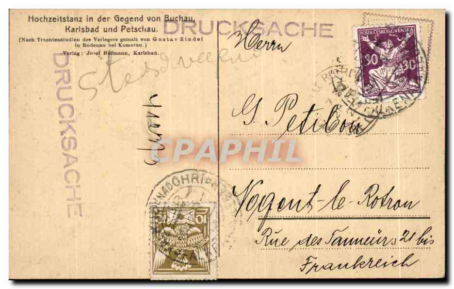 CPA Hochzeitstanz in der Gegend von Buchau Karlsbad und Petschau Danse Folklore  — Rückseite