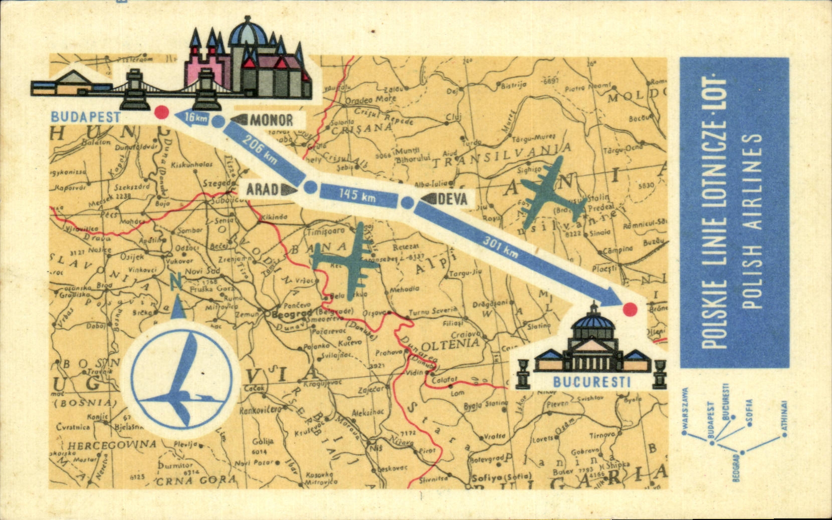 Carte postale aérienne Budapest-Bucarest — Polish Airlines — éditeur : Projekt Andrzej Heidrich